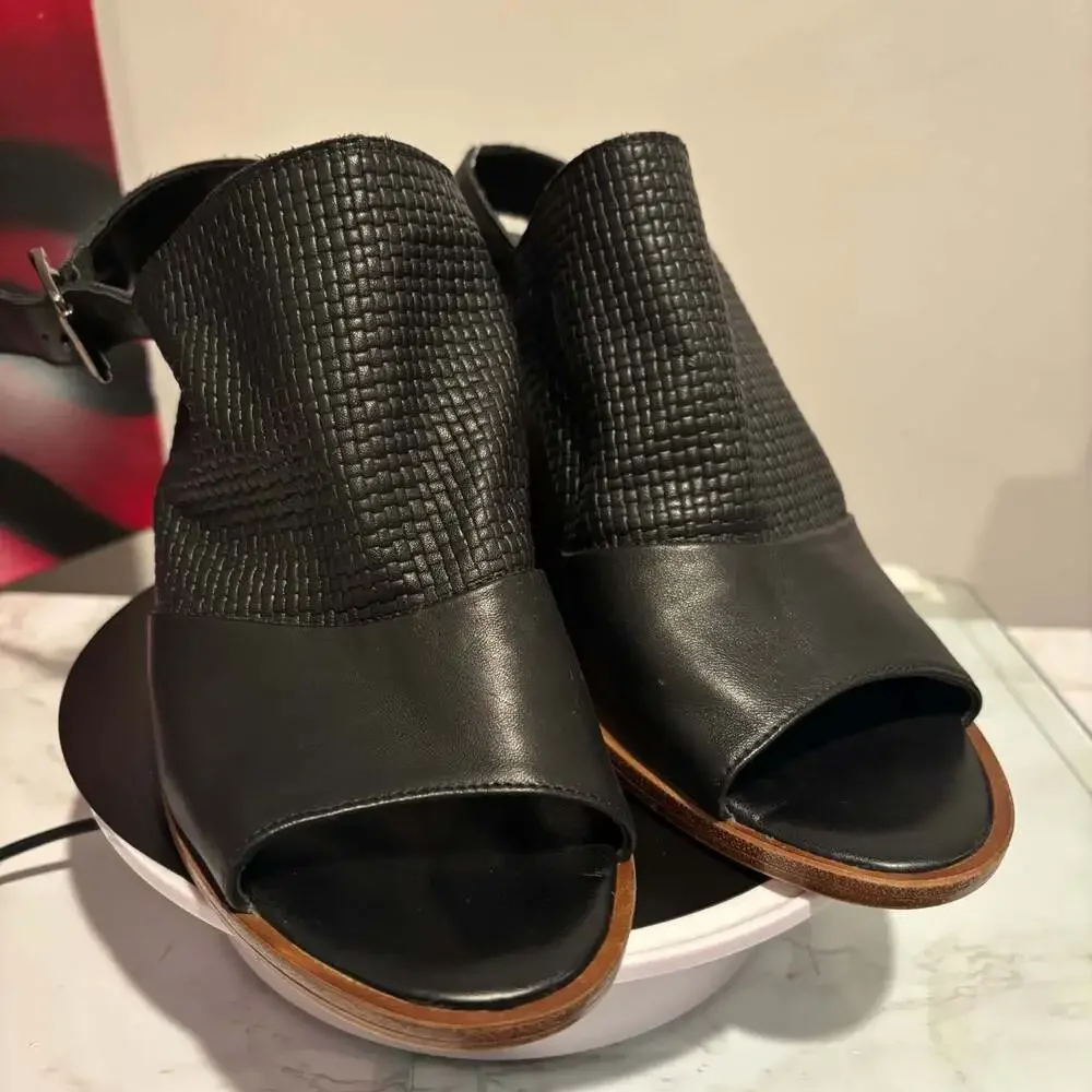 Sophia Milano Black Leather Woven Peep Toe Wedge Sandals